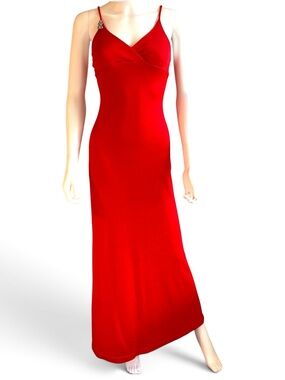 Vintage Y2K Red Satin Evening Gown Brooch Accent 90s Slip Dress M